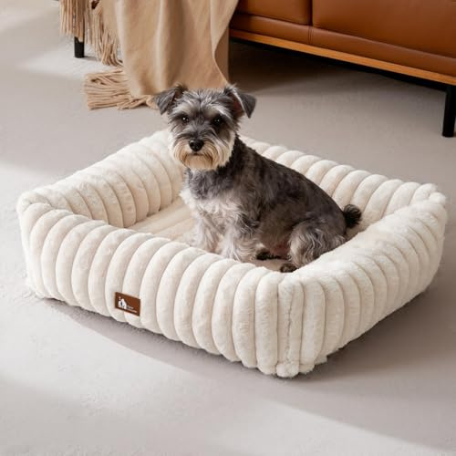 Upvilla Luxusweicher Hundekorb, Super Weiches Hundebett mittelgroße Hunde, 4-seitiges Nackenkissen, Abnehmbare Waschbare Hundematte, Hundesofa mit Griffen, Haustierbett (Beige, 76 * 61 * 20cm)