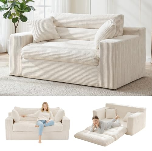 NLDD Convertible Sofa Bed, Pull Out Boneless Couch Loveseat Floor Sofa Bed with Pillows, 2-Seater Folding Sofa Loveseat Boneless Couch for Living Room, Bedroom, Apartment, Office (Beige)