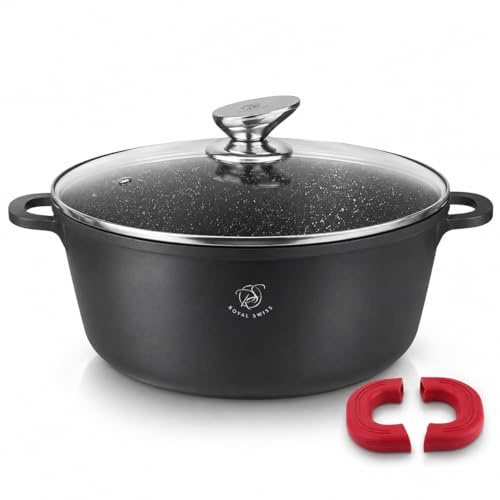 Royal Swiss Pentola, 40 cm, nero, 19,5 l, rivestimento in marmo, coperchio in vetro, adatto per induzione e forno, alluminio pressofuso, manici in silicone rimovibili
