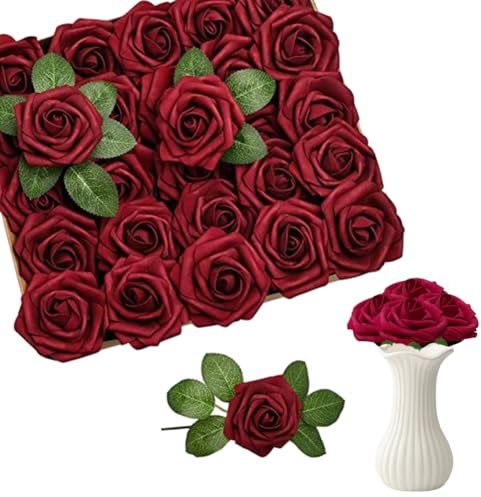 OPVXZAD Real Artificial Roses - 25Pcs Red Touch Fake Flowers Boxed with Stems | Lifelike Latex Foam Roses for Wedding Bouquets Valentine's Day Decor, DIY Floral Arrangements & Home Decoration