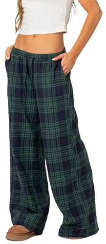 Women Comfy Pajama Pants Elastic Waist Gingham Wide Leg Checkered Pajama Bottoms Cute Low Rise Plaid Lounge Pants (A-Blue, L)