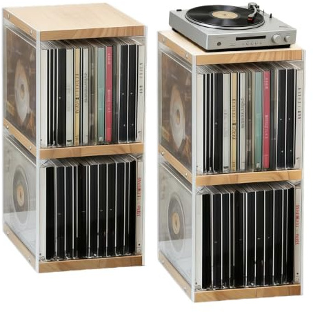 2 Pack CD Holder Desk Rack Organizer, CD Storage Units, CD Storage Rack | Holds 30 CD Case, 55 DVDs in Slim Cases, and 130 Discs in CD Sleeves, Organizer for CD & DVD-Natural Wood, 8.2*5.9*12.4 In