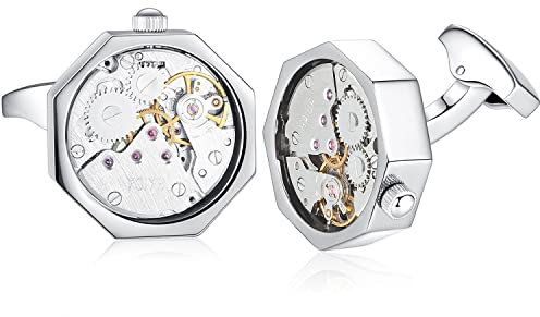 HONEY BEAR 1 Paar Herren Manschettenknöpfe Cufflinks Steampunk Uhrwerk Bewegung beweglich Edelstahl für Geschäftshochzeits geschenk mit Kasten,Rechteck (Silber)