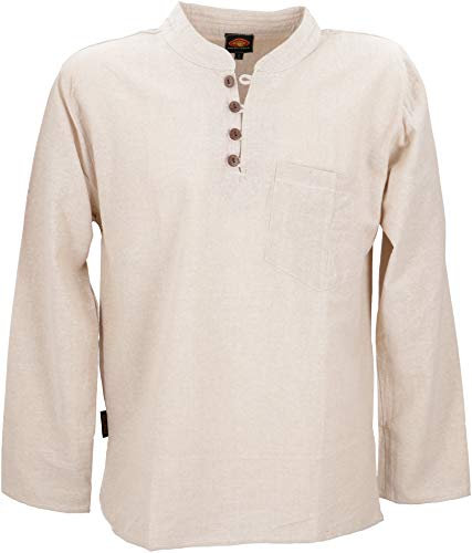 GURU SHOP Nepal Ethno Yogahemd mit Kokosknöpfen, Kurta-Hemd, Freizeithemd mit Stehkragen - Creme, Herren, Baumwolle, Size:XXL