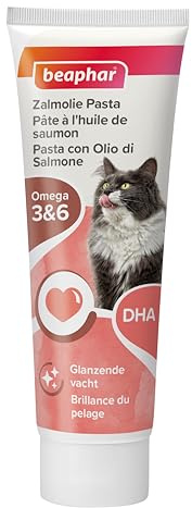 Beaphar, Pasta al Salmone per Gatti, Snack Quotidiano Gustoso Ricco di Omega 3 e 6, Migliora la Lucentezza del Pelo, con Aggiunta di DHA a Supporto di Vista e Cuore, Tubetto 100 g