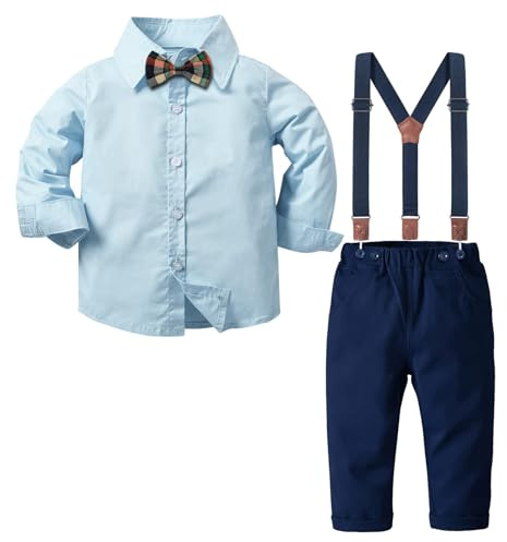 Nwada Boys Clothes Toddler Boy Outfits Clothing Sets Kids Long Bow Tie Shirts and Suspenders Pants Suits Sky Blue 4-5 Years (120)