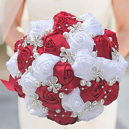 CZYLHF Bouquet De Mariée En Satin Roses Floral Mariage Romantique Saint Valentin Cadeau D'anniversaire (Rouge, Blanc) 18x25cm