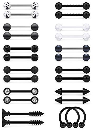 SCERRING 14G Nipple Rings Stainless Steel Nipplerings CZ Tongue Straight Barbell Rings Retainer Body Piercing Jewelry for Women 9/16Inch 12 Pairs Black