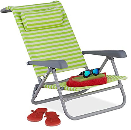 Relaxdays Liegestuhl klappbar, 8-stufig verstellbar, Strandstuhl mit Nackenkissen, Armlehnen & Flaschenöffner, grün/weiß, 1 Stück, 10035905