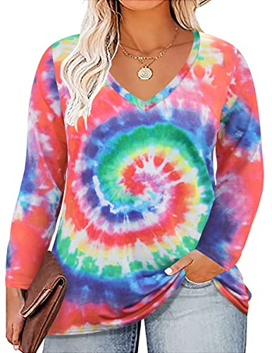 CARCOS Plus Size Tops for Women 3X Long Sleeve T Shirts V Neck Tie Dye Rainbow Pullover Casual Fall Blouses Loose Fit Tunics 3XL 22W 24W