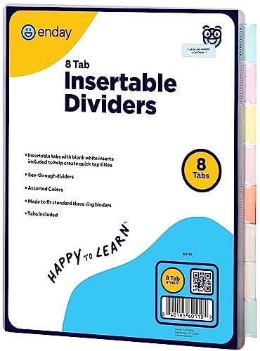 8 Dividers for 3 Ring Binder Standard Index Folder Dividers, Plastic Multicolor Dividers with White Insertable Tabs, in Green, Blue, Pink, Purple, Red, Grey, White, and Light Blue – By Enday