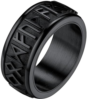 FaithHeart Mens Ring Black Nordic Runes Fidget Rings for Anixety Stainless Steel Viking Symbol Finger Band Norse Ring Spinner Jewellery Size Z+1