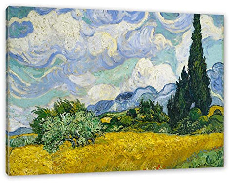 Pixxprint Vincent Van Gogh - Weizenfeld mit Zypressen, Weiß, Größe: 80x60cm, Leinwandbild, fertig gespannt, Wandbild, Dekoration, Kunstdruck, kein Poster