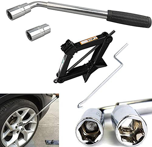 Universal Extendable Lug Wrench (17/19/21/23MM) + 2 Ton Scissor Jack Hand Screw Spare Tire Repair Tool Kit for Cars Vans Trucks Trailers