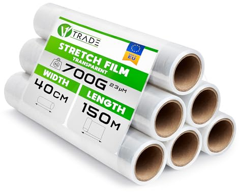 V1 Trade Film Etirable Demenagement - 6 Rouleaux Film Palette Transparent 40cm x 150m - Plastique Protection pour Colis et Meubles