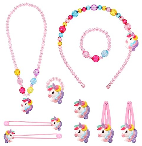 Hifot Licorne Bijoux Enfants Fille, Unicorn Collier Bracelet Bague Boucles d'oreilles Clip Pinces à Cheveux Set, Princesse Bijoux Cadeaux de fête Cadeau pour Jeu d'habillage