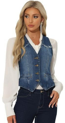 Allegra K Gilet en Jean pour Femme Veste Sans Manches en Denim Délavé Col en V et Boutonnage Bleu Foncé M