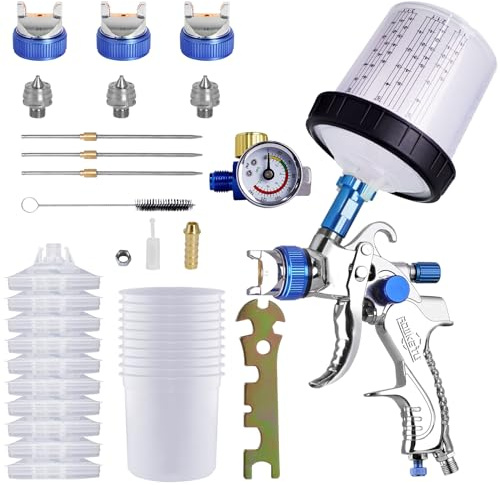 Spruzzatore di vernice automatico professionale HVLP con ugelli da 1,4 mm 1,7 mm 2,0 mm Strumento pistola a spruzzo Tazza spray 10 tazze usa e getta da 600 ml (blu)