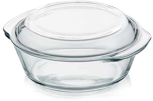 KHG Auflaufformen aus Glas mit Deckel 2 Liter Rund für kalte & warme Speisen, spülmaschinenfest, mikrowellengeeignet, Glasbräter Glasform Backform, 26x11x23 cm
