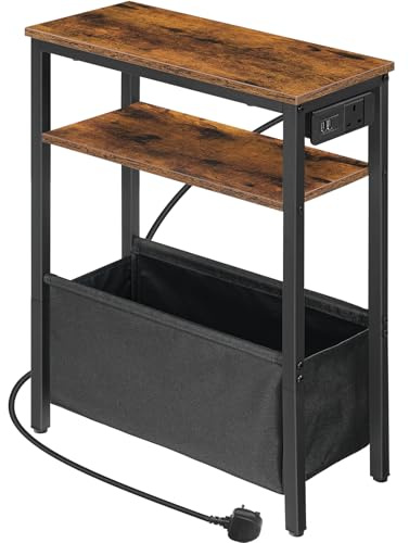 HOOBRO Narrow Side Table, Slim Bedside Table with Charging Station for Small Space, USB Ports and Power Outlet, 40 x 20 x 60 cm, for Living Room, Rustic Brown and Black EBF125KBZ01