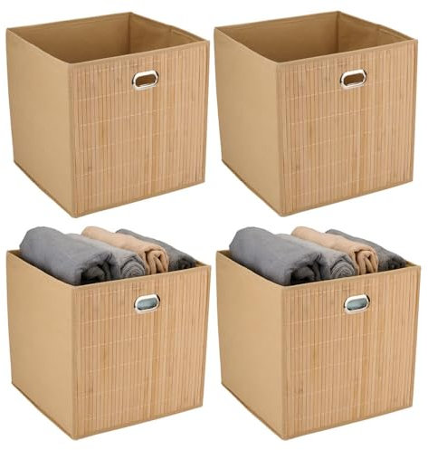 4er Set Faltbox mit Bambus Front & Grifföse ca. 31x31x31 cm - Beige Braun - Natur skandinavischer Stil Einrichtung Würfel Box Badezimmer Körbe Kiste Organizer Klappbox Korb Aufbewahrungsbox