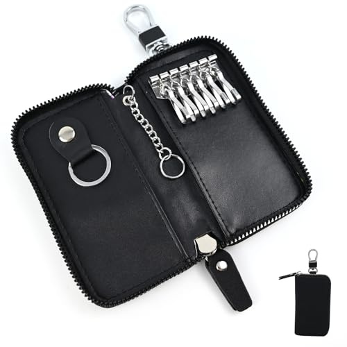 GOTDYBST Key Wallet, Key Organiser, Leather Key Pouch Comes with 6 Hooks and 2 Key Rings, Portable Zippered Key Case with Coin Compartment, Unisex Key Organiser Keyring
