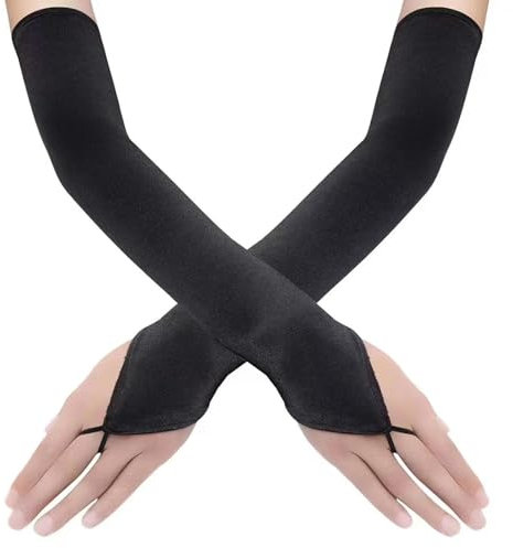 Damen Fingerlose Handschuhe Lang 20er Handschuhe, Satin Classic 1920er Jahre Vintage Opera Fest Party Handschuhe für Hochzeitskleid Abendhandschuhe Cosplay Satin Handschuhe (Schwarz, Einheitsgröße)
