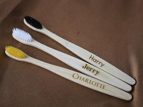 Set di 3 spazzolini da denti in bambù naturale, 100% ecologici, con incisione personalizzata