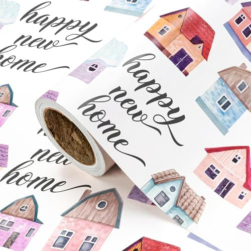 RUSPEPA Geschenkpapierrolle „Neues Zuhause“ – Mini-Rolle – 43,2 cm x 5 m – Schriftzug „Happy New Home“ mit farbenfrohem Hausdesign, perfekt für Umzug, Party