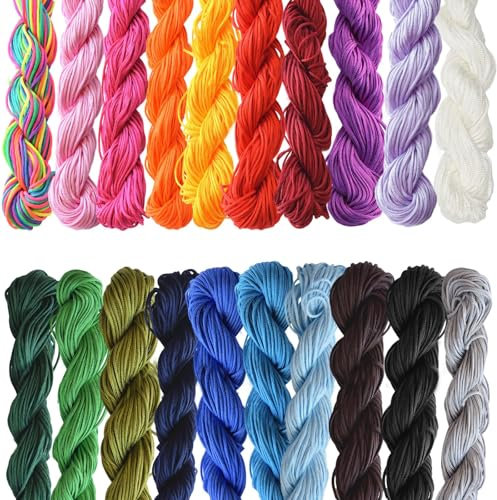 Rairsky 20 Pieces Premium Silk Nylon Cord, 1mm Macrame Chinese Knotting Cord, Macrame Thread Hair Braiding for Friendship Bracelet Necklace DIY Craft Jewellery Making(20 Colors, 25m Each Color)