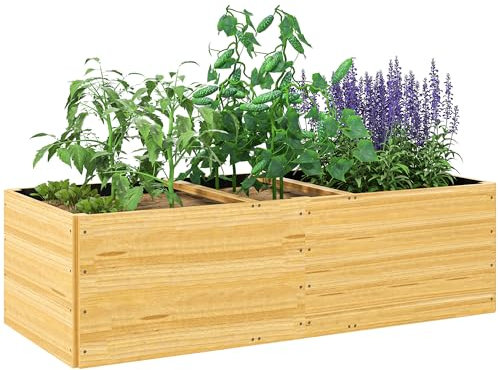 Outsunny Jardinière en Bois, carré Potager Exterieur Bois, 3 Compartiments de Plantation et Doublure Inclus, bac à Fleurs pour légumes Herbes Fleurs dans Jardin terrasse Patio, 140x60x40cm, Naturel