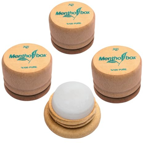 Muvax Mentolo, pietra emicranica, mentolo spa, cristalli naturali di mentolo, aiuta ad alleviare emicrania e mal di testa, supporto rotondo in legno con tappo a vite (3 x 6 g)