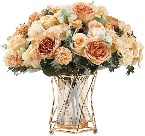 HNVNER 4 Bunches Fake Rose Peonies Artificial Flowers, Faux Peony Artificial Hydrangea Flowers Bouquet, for Wedding Home Table Decorations Gift (Champagne)
