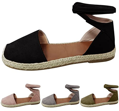 Closed Toe Espadrilles Sandals for Women Womens Ankle Strap Flat Shoes Lace Up Roman Shoes Lightweight Ballet Sandals Tie Up Dance Flats Summer Adjustable Strap Flats Breathable Slip On Sandal Black