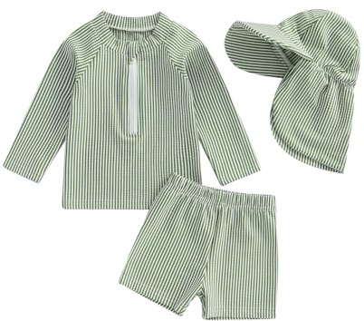 BeliBacca Toddler Baby Boy Rash Guard Set Stripe Print Long Sleeve Zip Up Top Swim Truck with Hat 3pcs Infant Swimsuit Boy Newborn Bathing Suit (Green, 18-24 Months)
