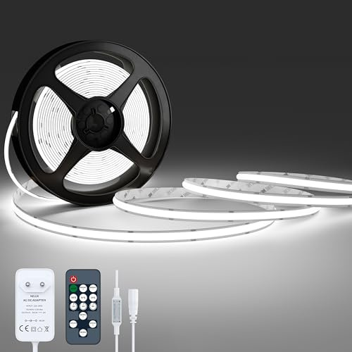 NELUX Tira LED COB Interior Blanco Frío 5m, Luces LED Cocina Blanca Decoración Habitación, LED Strip Light 24V, Regulable, Adhesiva, 480LED/m, 6500K. Incluye Mando a Distancia y Adaptador.