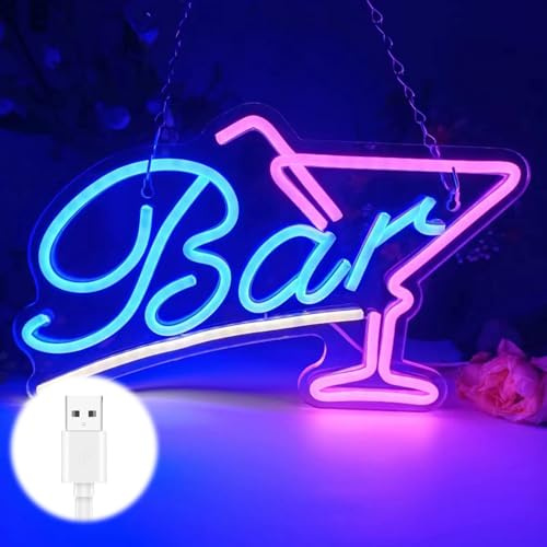 Calenxy Panneau néon personnalisé pour bar, cocktails, LED, USB, mur, rose et bleu, 37.8 x 23 x 3 cm, 400 g, vintage, bar, décoration murale, intérieur