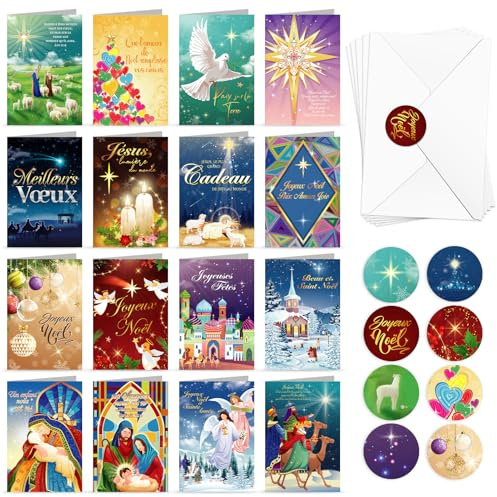 DPKOW 16 x Crèche de Noël Cartes avec Enveloppe Autocollants, Chrétien Noël Cartes de Vœux Meilleurs Noel Jésus, Joyeuses Fêtes Carte Joyeux Noel et Sainte Année