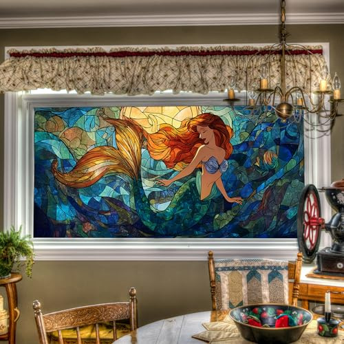 HOMETITUTE Stained Glass Mermaid Pattern Static Cling Window Film 39.3x17.7 inches Non-Adhesive Removable Reusable for Glass Door Home and Office Bedrooms PVC Static Cling Sticker