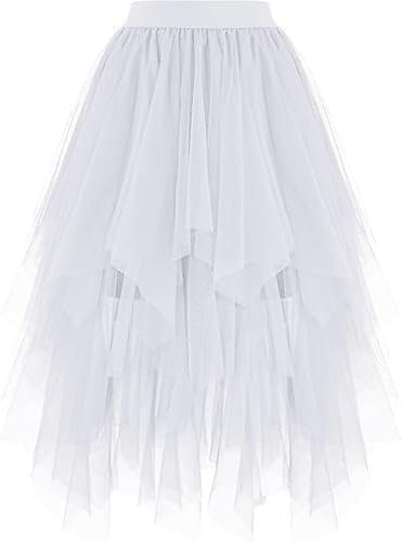 BEWECASU Women Tulle Skirts High Low Layered Puffy Fairy Skirts Midi Length Irregular Layered Mesh Tutu Skirts(White,M)
