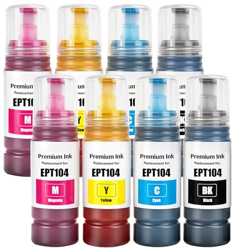 104 Encre 8-Multipack Compatible pour Epson 104 Encre ET-2810 ET-2815 ET-2820 ET-2825 ET-2870 ET-2710 ET-2711 ET-2712 ET-2714 ET-2715 ET-2720 ET-2721 ET-2726 ET-4700 ET-4800 Imprimante (2BK/2C/2M/2Y