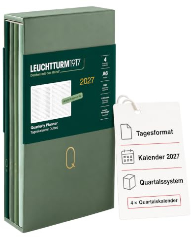 LEUCHTTURM1917 Quarterly - Agenda diaria 2027 Dotted, Pocket (A6), tapa flexible, juego de 4 (1 calendario por trimestre), sombras de color verde, vista de calendario 2027, planificación de 12 meses