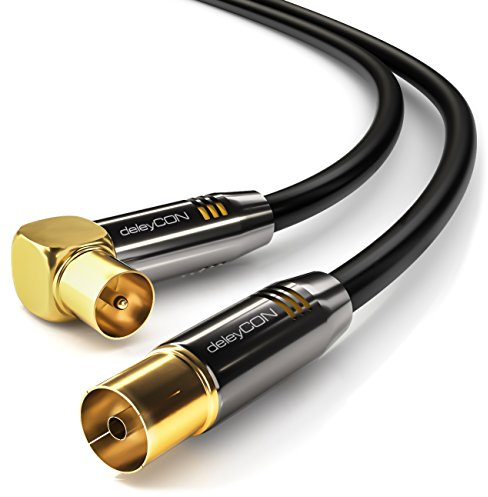 deleyCON 5m 4K TV Antennkabel Koaxialkabel - 4K Ultra HD Full HD HDTV - 1x IEC-Kontakt 90° Vinklad till IEC-Hona Rak - TV Radio DVB-T2 Metallkontakter - Svart