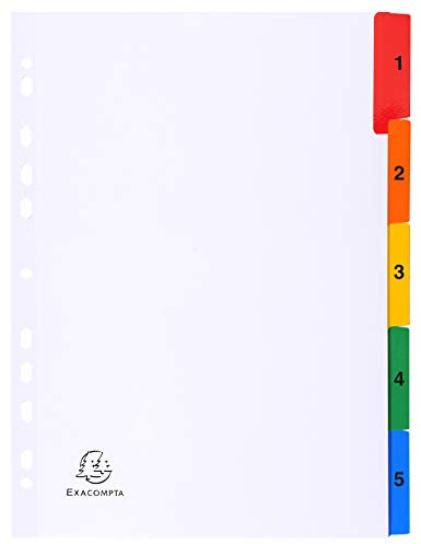 Exacompta 1105E Karton-Register 1-5 für DIN A4 aus Karton 5-teilig volle Höhe 21 x 29,7 cm weiß, bunte verstärkte Taben mit Indexseite Trennblätter Trennstreifen Ordner-Register