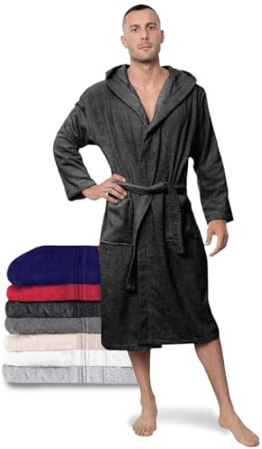 Twinzen Accappatoio per Uomo con Cappuccio in Spugna, XL, Grigio Scuro, 2 Tasche, Cintura Cotone Senza Prodotto Chimico, Oeko Tex - Vestaglia per Uscire dalla Doccia, Assorbente e Confortevole
