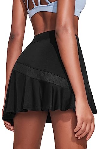 Ekouaer Womens Tennis Skirt Pleated Athletic Skorts with Shorts Pockets Quick Dry Golf Pickleball Skirts Strethy Running Workout Skort,Black S