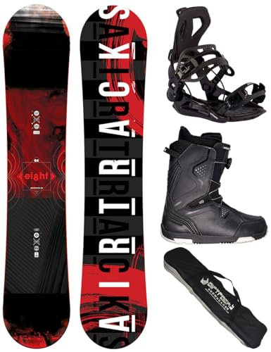AIRTRACKS Snowboard Set Paquete Completo Tabla Eight Wide Hybrid Rocker Hombre 155 - Fijaciones Master - Botas Strong ATOP 44 - SB Bag