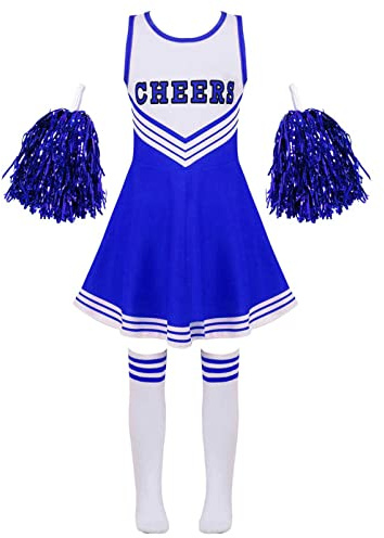 Alvivi Cheer Leaderin Kostüm Kinder Mädchen Cheerleading Schulmädchen Uniform Kleid mit Pompoms Socken Halloween Fasching Partykleid Blau 146-152