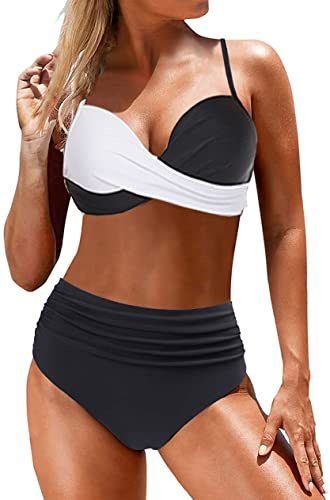 CheChury Cintura Alta Conjuntos de Bikinis para Mujer Sexy Push Up Halter Bikini Traje de baño Retro Flores Estampado de Fruncido Bikinis Brasileños de Dos Piezas