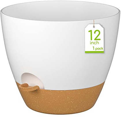 FIASON Vasi per piante autoirriganti, 30,5 cm (1 pezzo), grandi vasi in plastica con fori di drenaggio, per piante e fiori da interni ed esterni (bianco, 30,5 cm)
